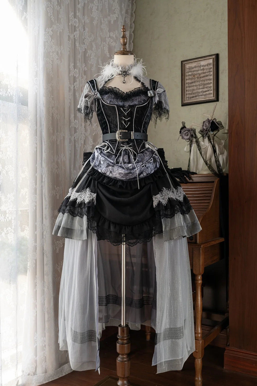 Gothic Lolita Black Silver Layer Ruffle Goth Prom Dress