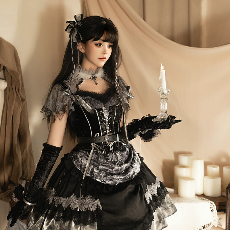 Gothic Lolita Black Silver Layer Ruffle Goth Prom Dress