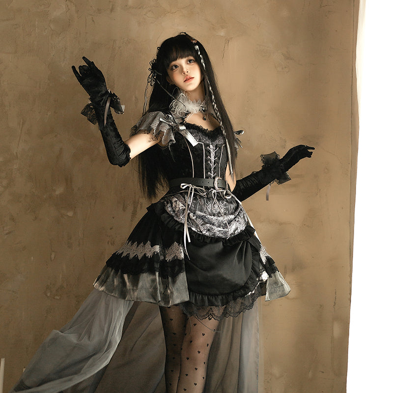 Gothic Lolita Black Silver Layer Ruffle Goth Prom Dress