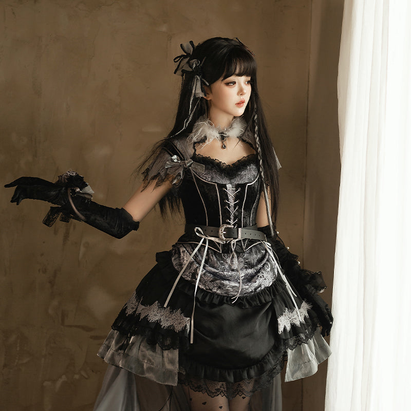 Gothic Lolita Black Silver Layer Ruffle Goth Prom Dress
