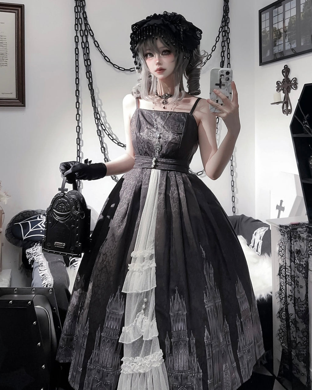 Gothic Lolita Black White Printing Cape Which Costume Rococo Vintage Long Jumper Skirt