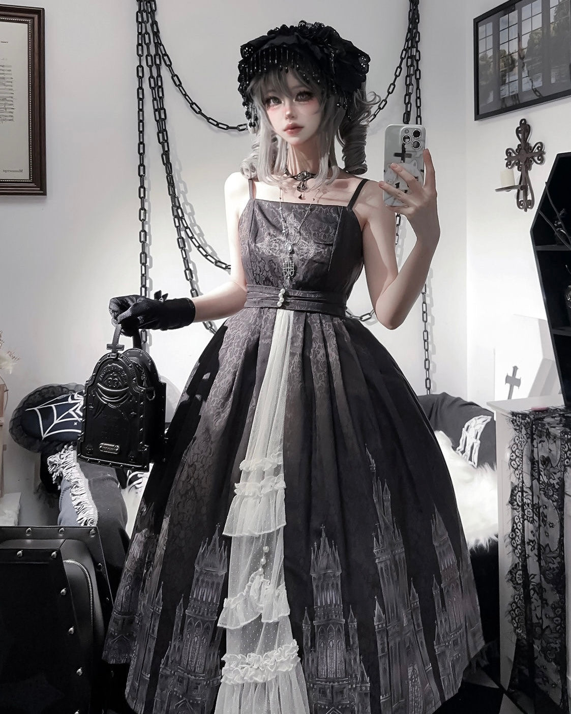 Gothic Lolita Black White Printing Cape Which Costume Rococo Vintage Long Jumper Skirt