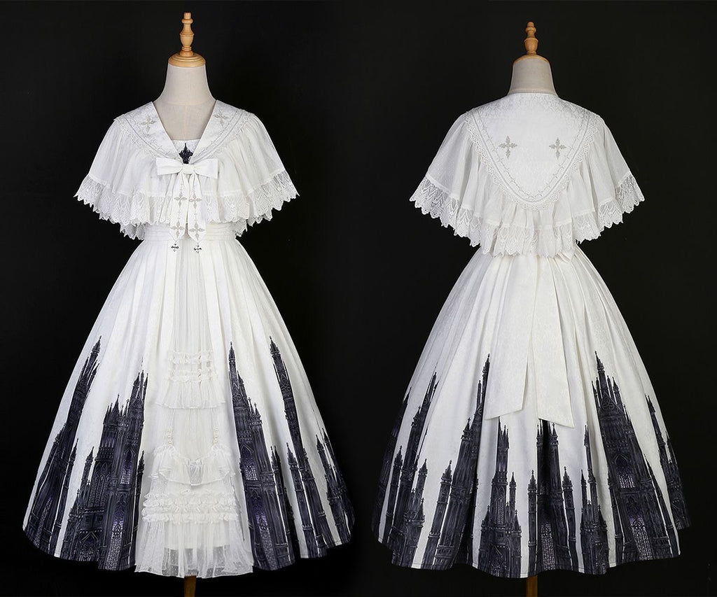 Gothic Lolita Black White Printing Cape Which Costume Rococo Vintage Long Jumper Skirt