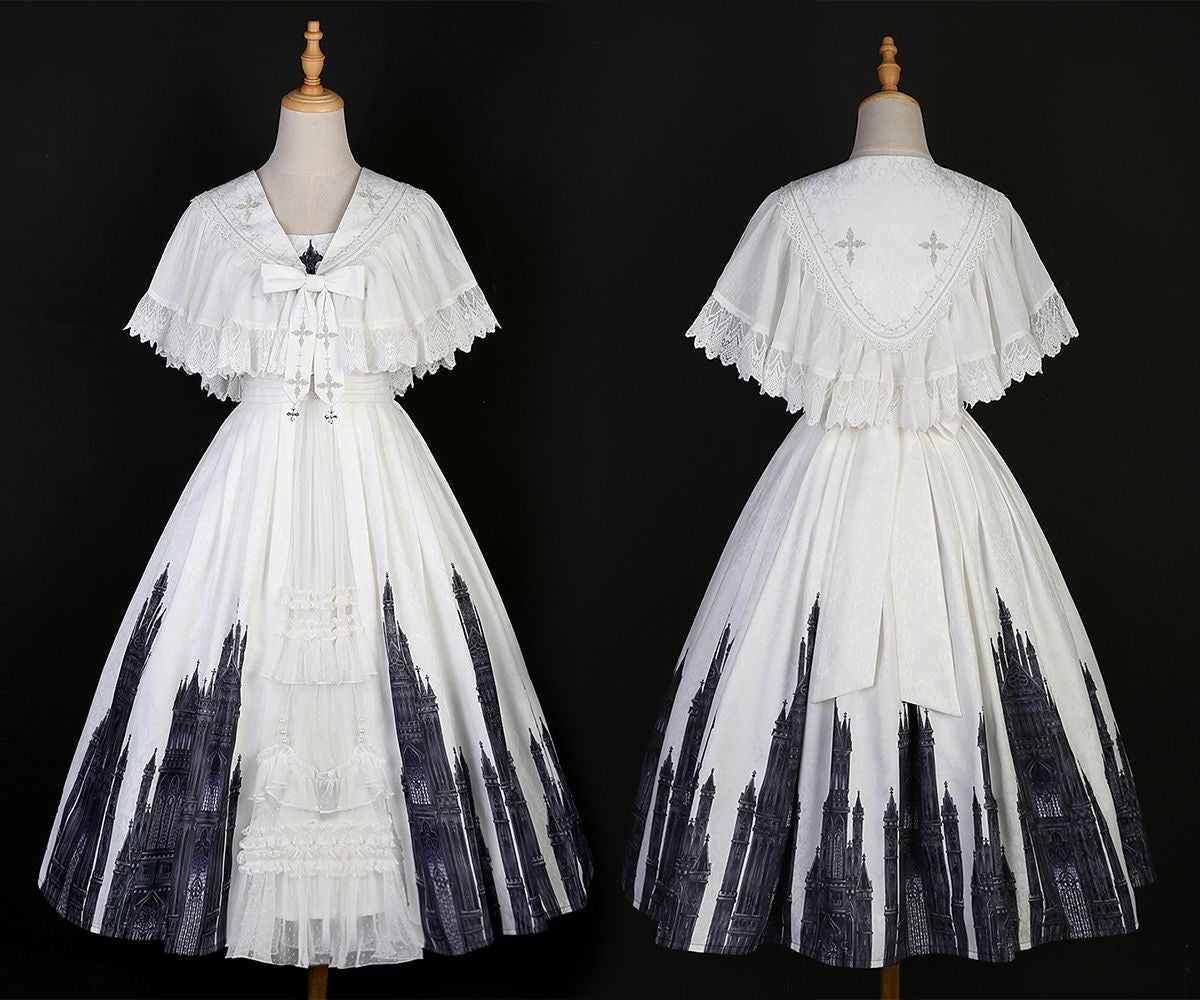 Gothic Lolita Black White Printing Cape Which Costume Rococo Vintage Long Jumper Skirt