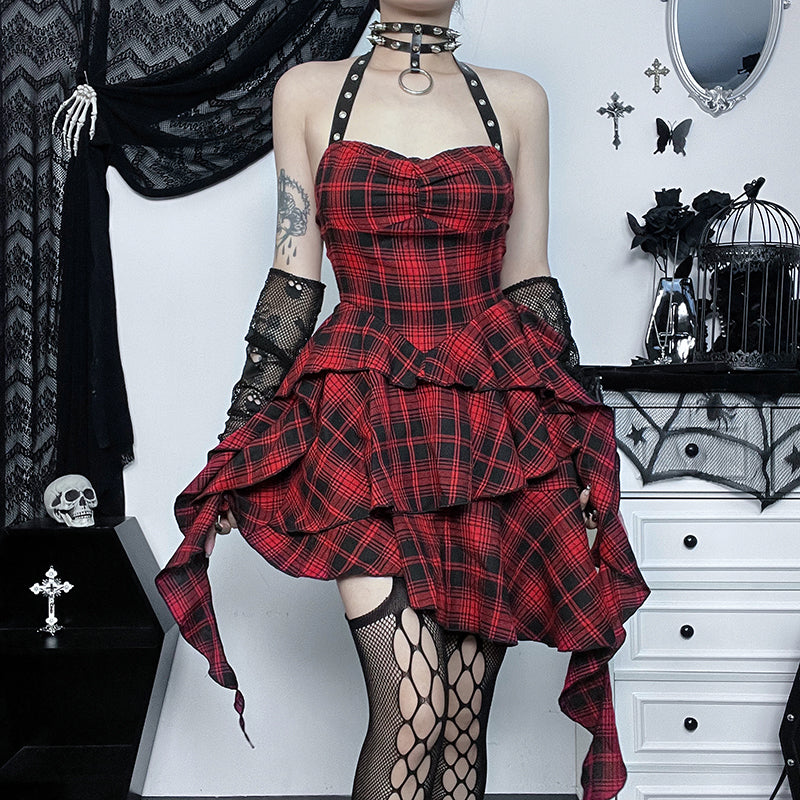 Gothic Red and Black Dress Punk Skirt Checkerboard Jsk Dress Light Lolita