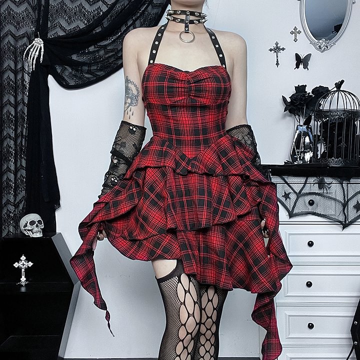 Gothic Red and Black Dress Punk Skirt Checkerboard Jsk Dress Light Lolita