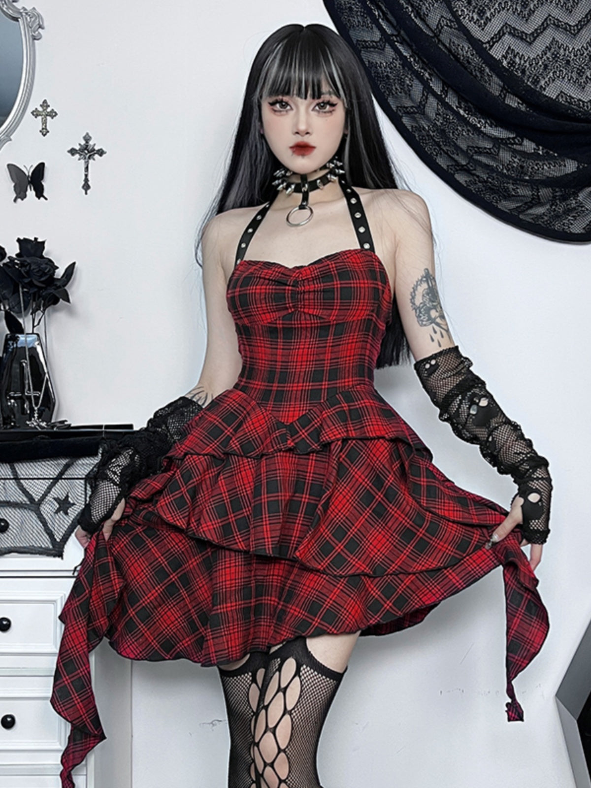 Gothic Red and Black Dress Punk Skirt Checkerboard Jsk Dress Light Lolita