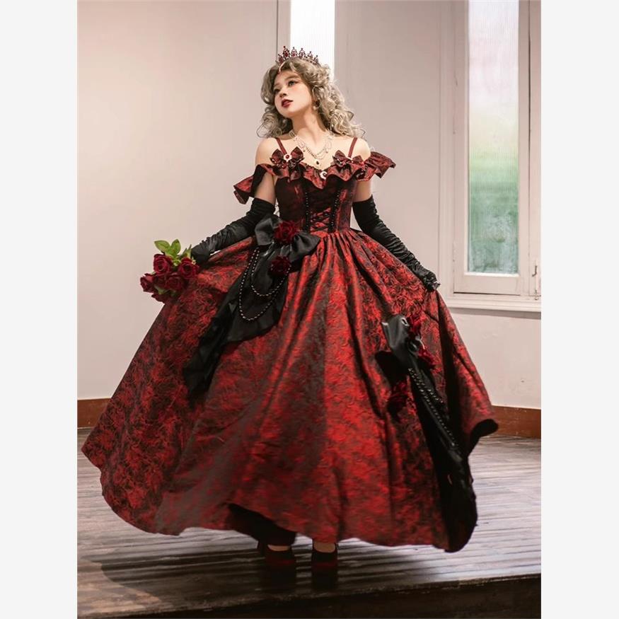 Hime Lolita Black and Red Lolita Flower Prom JSK Dress Gorgeous Birthday Adult Dress Lolita Elegant Princess One Piece Dress