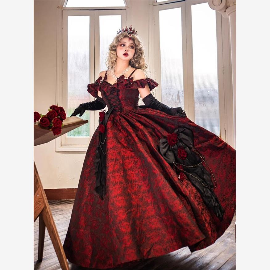 Hime Lolita Black and Red Lolita Flower Prom JSK Dress Gorgeous Birthday Adult Dress Lolita Elegant Princess One Piece Dress