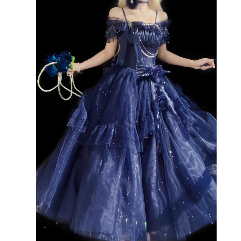 Hime Lolita Blue Gradient Ball Gown Lolita Dress with Organza Layers