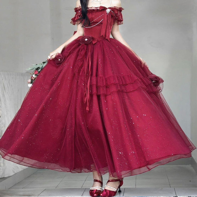 Hime Lolita Burgundy Red Gradient Ball Gown Lolita Dress with Organza Layers