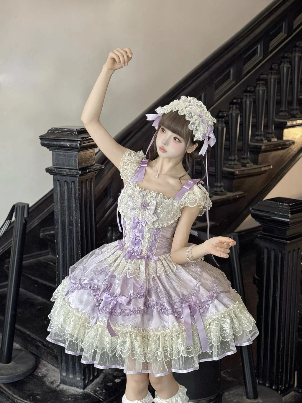 Hime Lolita Cake Dress Lavender Purple Lace Layer Bow Accented Lolita Dress 