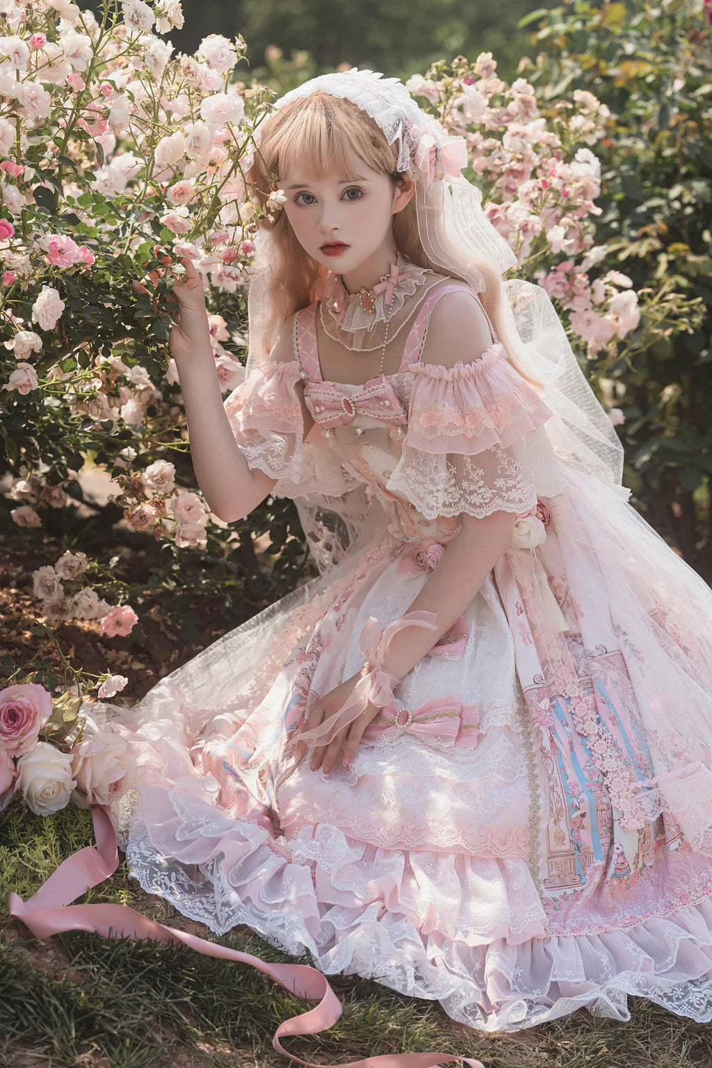 Hime Lolita Flower Marriage JSK Gorgeous Lolita Full Set Print Pink Blue Dress Lolita Voyage
