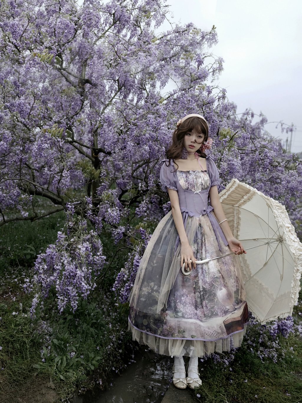 Hime Lolita Gentle Purple Flower Puff Short Sleeve Lace Printed Long Sweet Elegant Dress Lolita