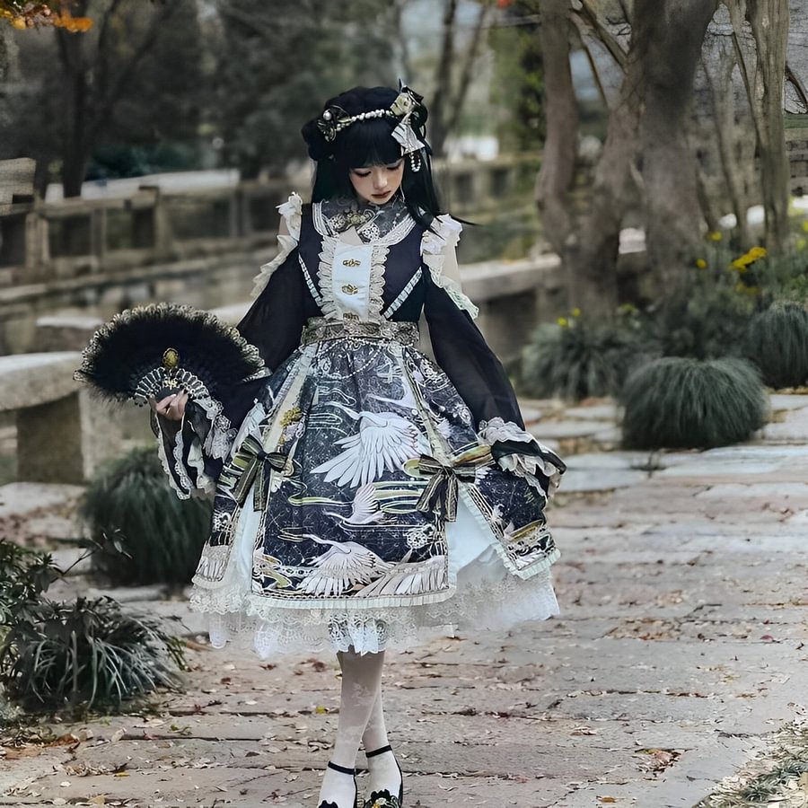 Qi Lolita Dress One-Piece Red Black Sleeve Printed Phoenix Pattern Long Dress