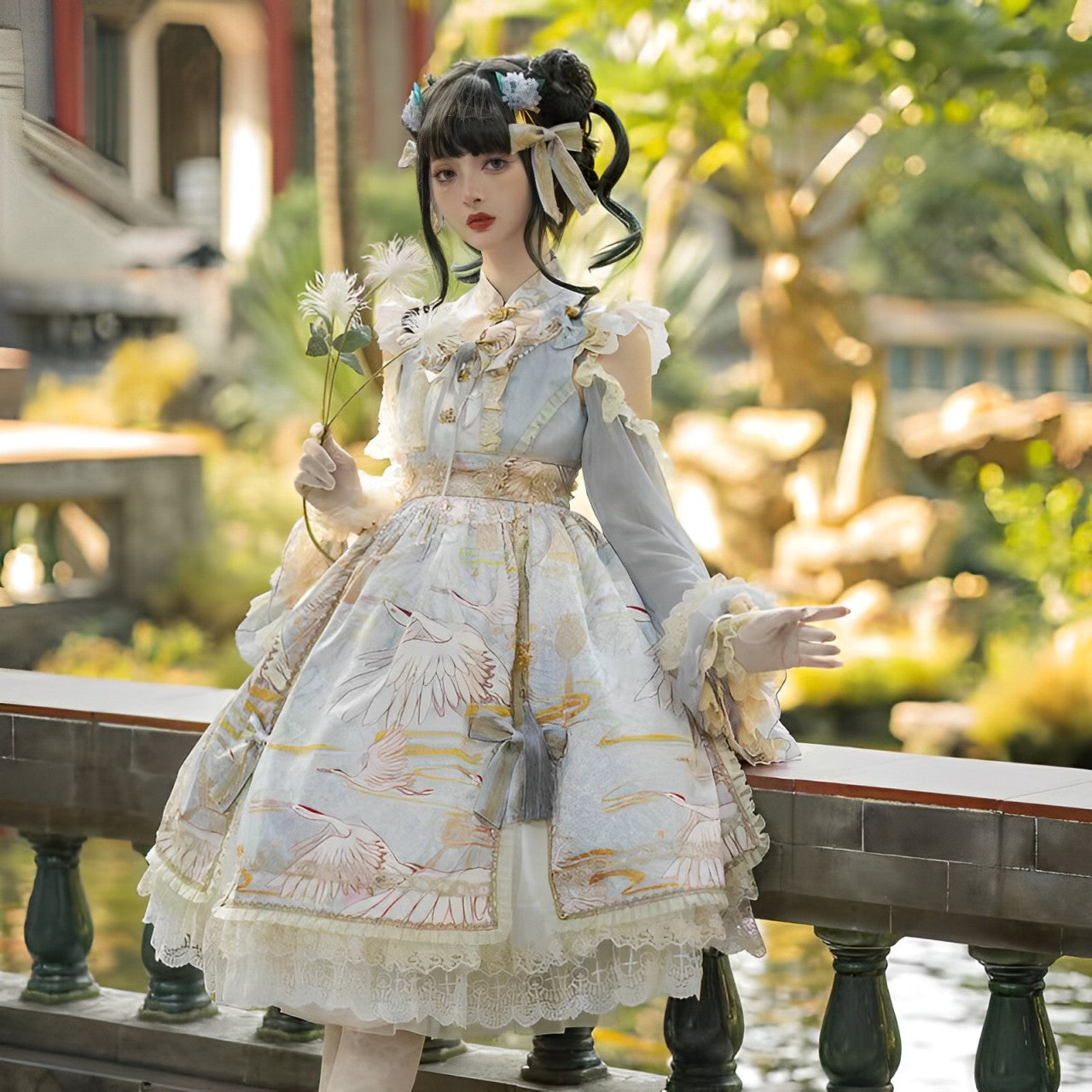Qi Lolita Dress One-Piece Red Black Sleeve Printed Phoenix Pattern Long Dress