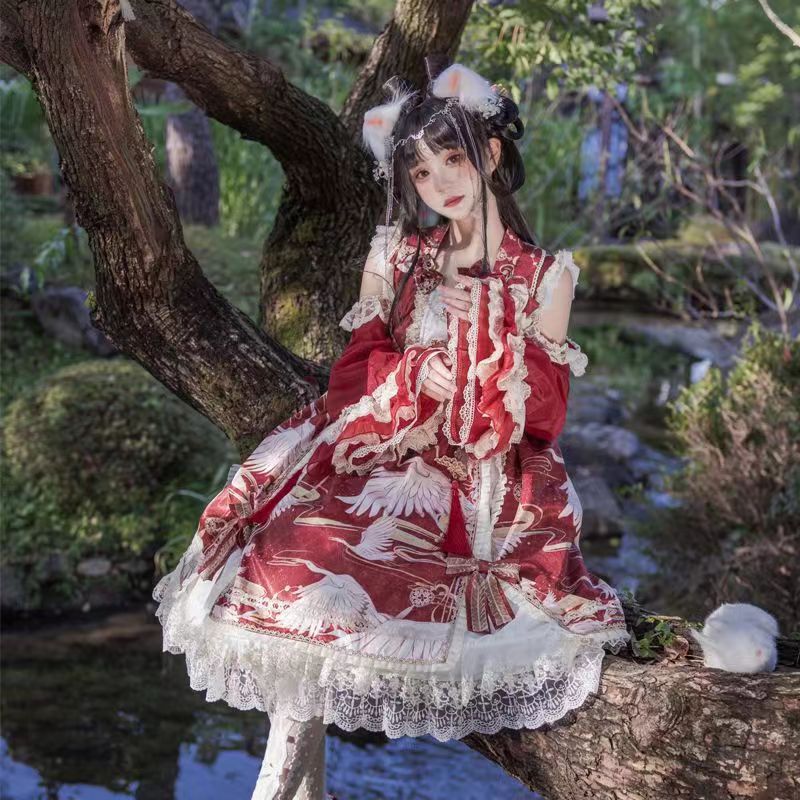 Qi Lolita Dress One-Piece Red Black Sleeve Printed Phoenix Pattern Long Dress
