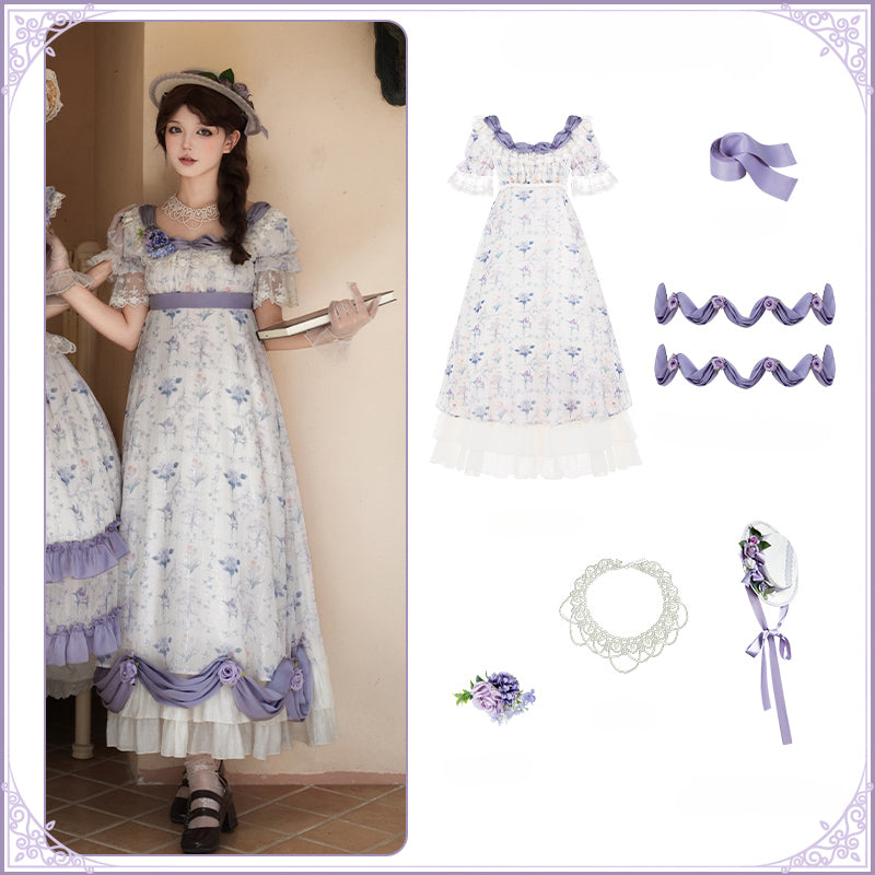 Hime Lolita Tea Party Fashion Classic Lilac Purple Accented Floral Lolita Dress