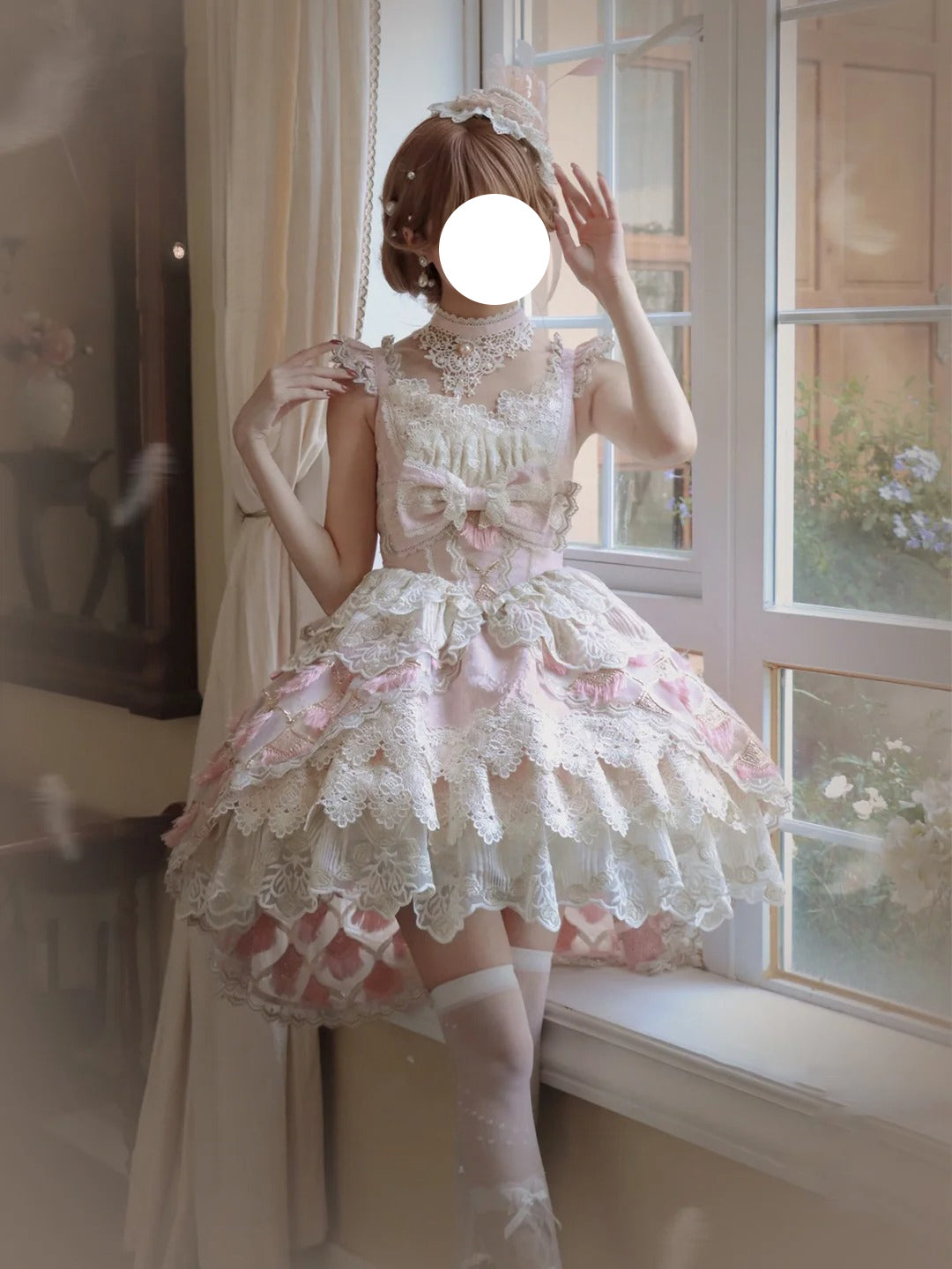 Hime Lolita Tea Party Fashion Ethereal Pink Lace Dress with Sheer Panels Feather Embellishments