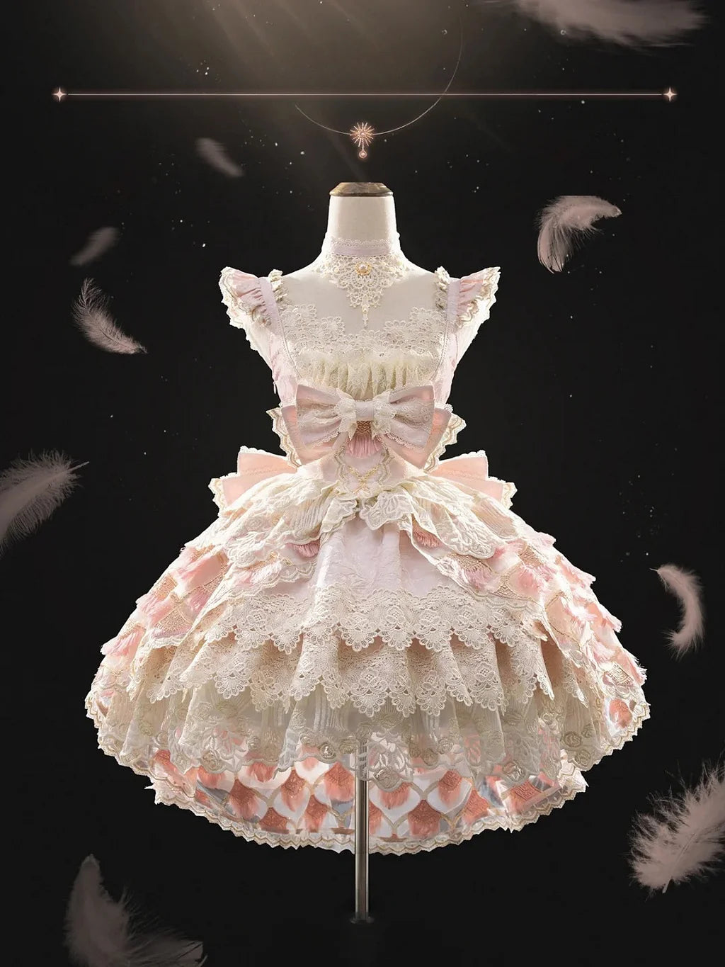 Hime Lolita Tea Party Fashion Ethereal Pink Lace Dress with Sheer Panels Feather Embellishments