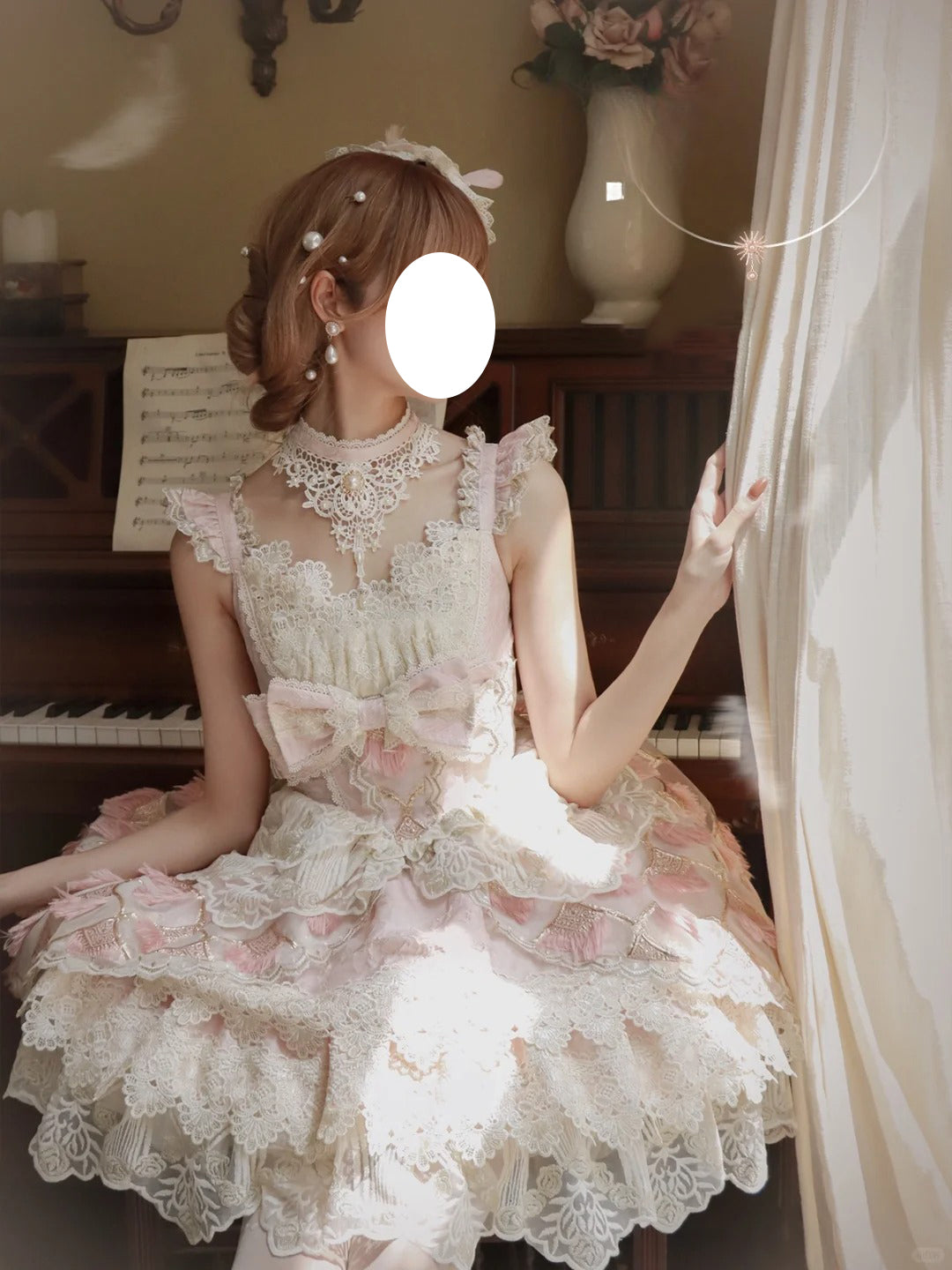 Hime Lolita Tea Party Fashion Ethereal Pink Lace Dress with Sheer Panels Feather Embellishments