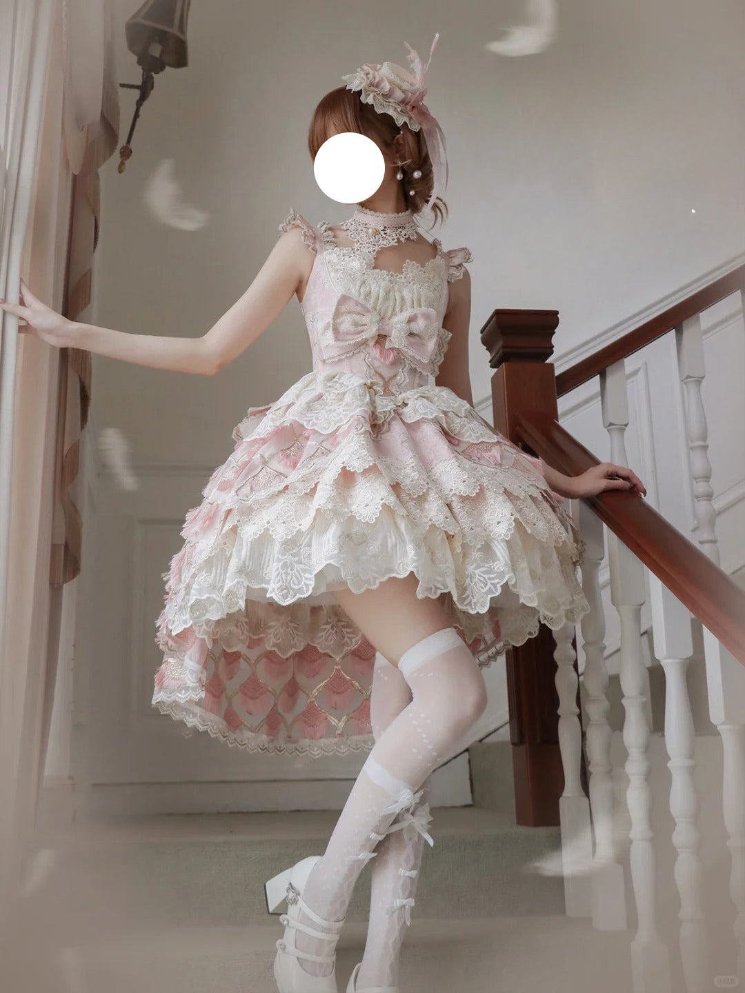 Hime Lolita Tea Party Fashion Ethereal Pink Lace Dress with Sheer Panels Feather Embellishments