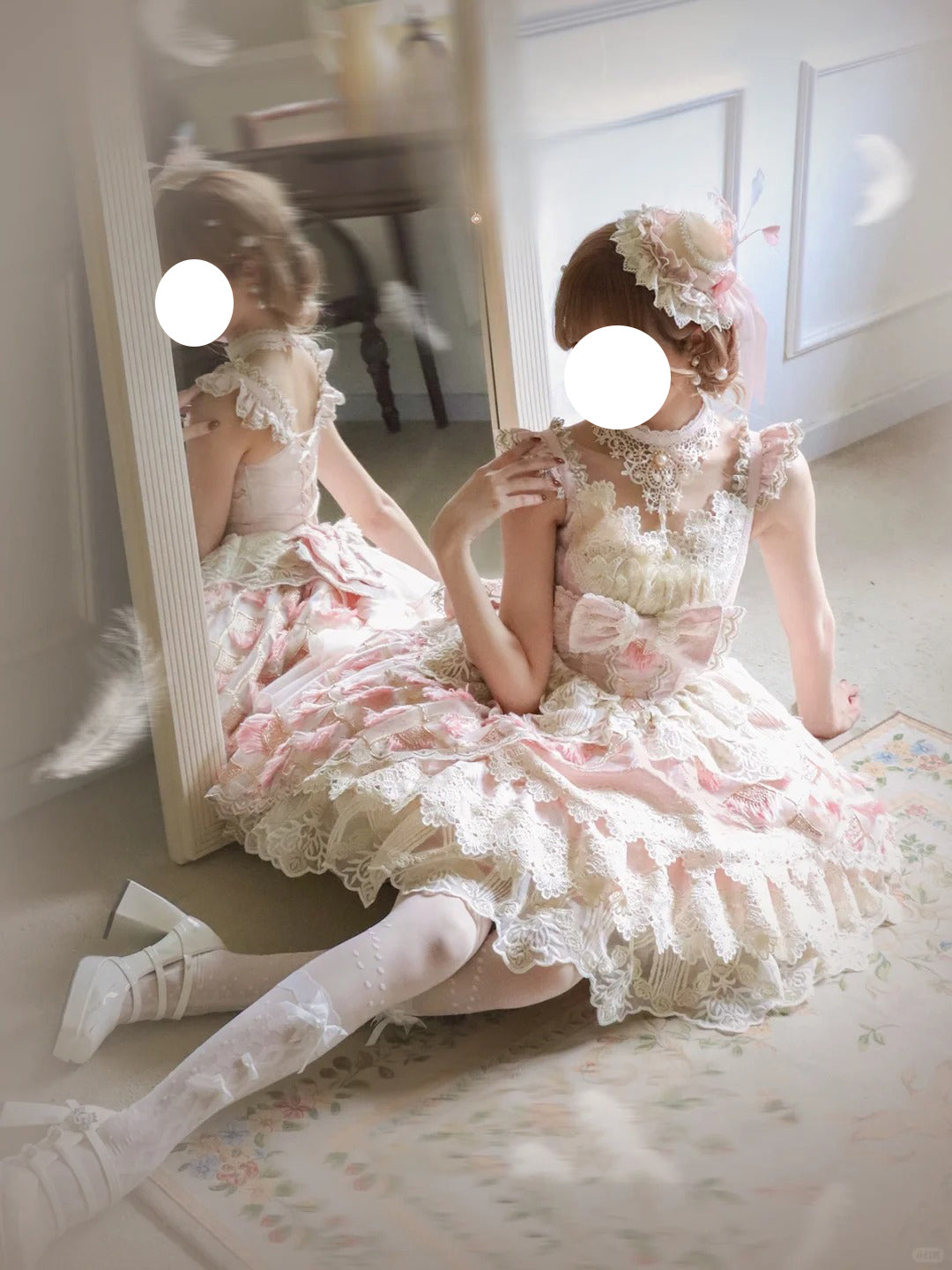 Hime Lolita Tea Party Fashion Ethereal Pink Lace Dress with Sheer Panels Feather Embellishments