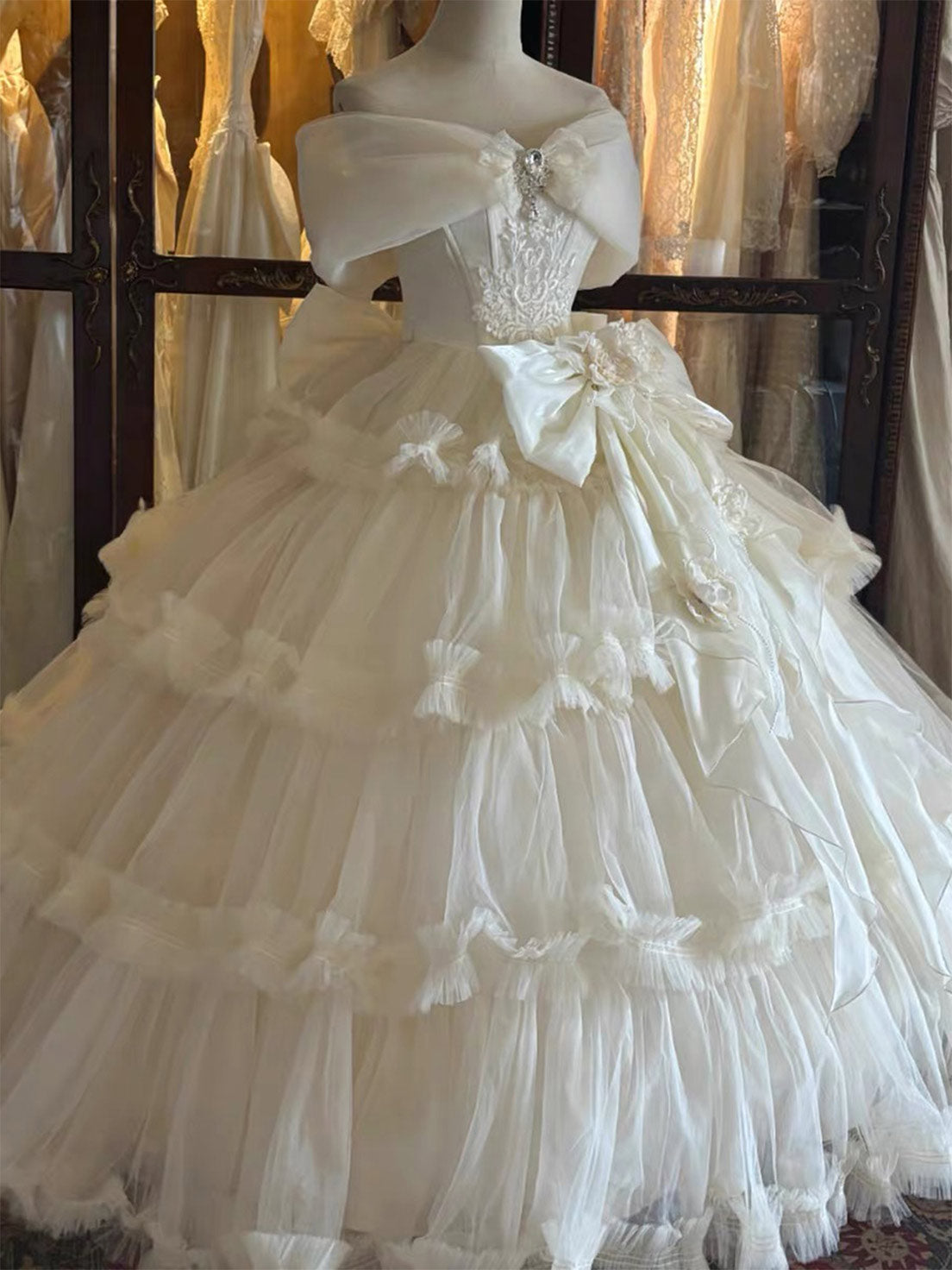 Hime Lolita Tea Party Fashion Off Shoulder Apricot Floral Gown Mitzvah French Tutu Dress Princess Dress