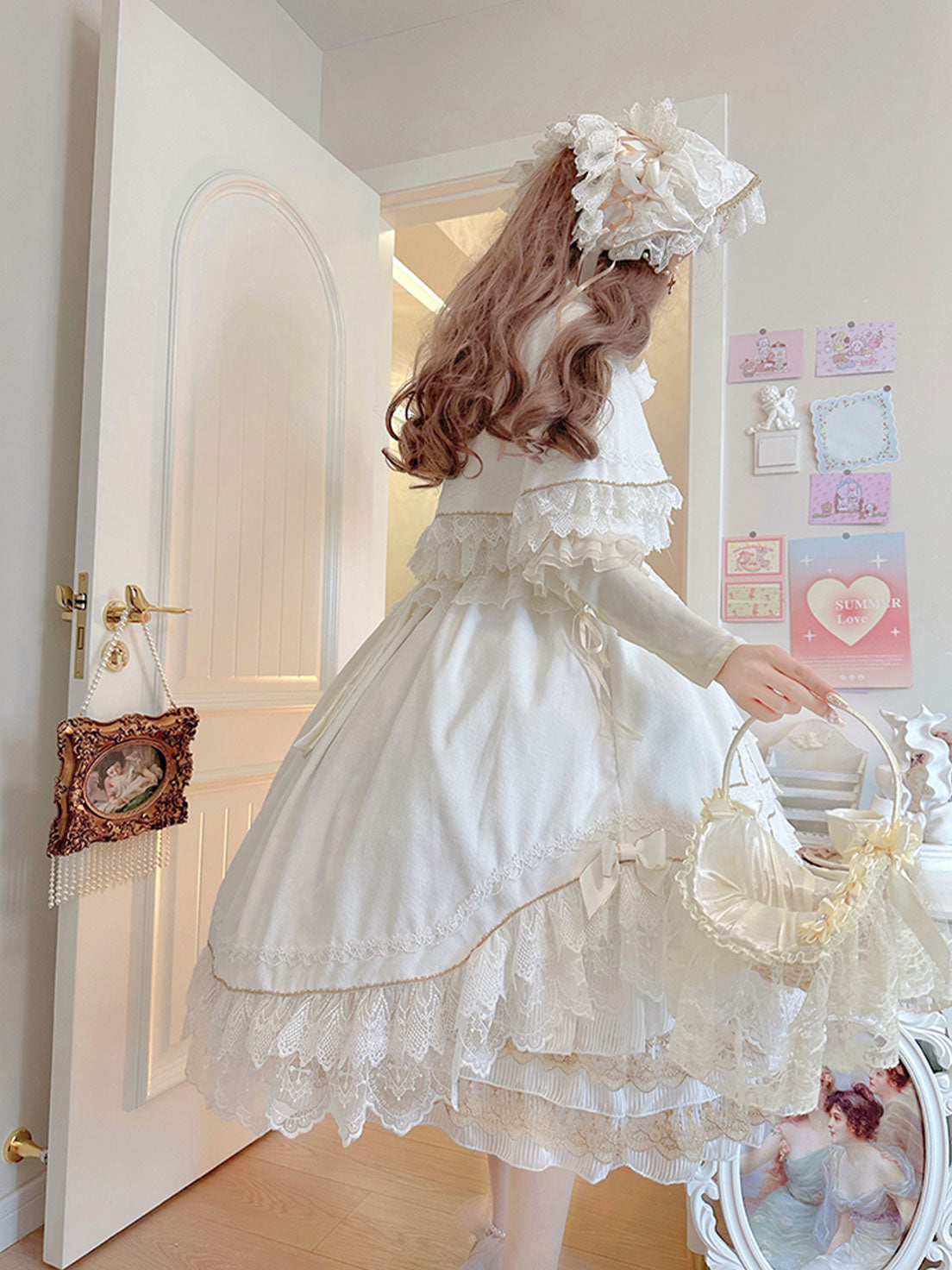 Hime Lolita Tea Party Fashion White Wedding Whimsical Cross Embroidered Ball Gown