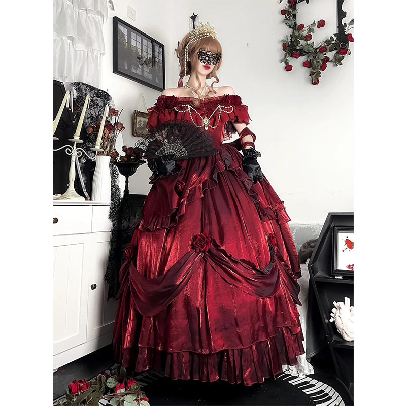 Hime Lolita Red Rose Fluffy Princess Dress with Safflower for Christmas Tea Party Fashion