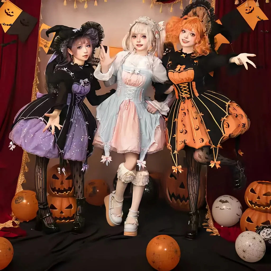 Jack-O-Lantern Sweet Halloween Costume Orange Lolita Dress Witch Hat Girl Long Sleeves Dress