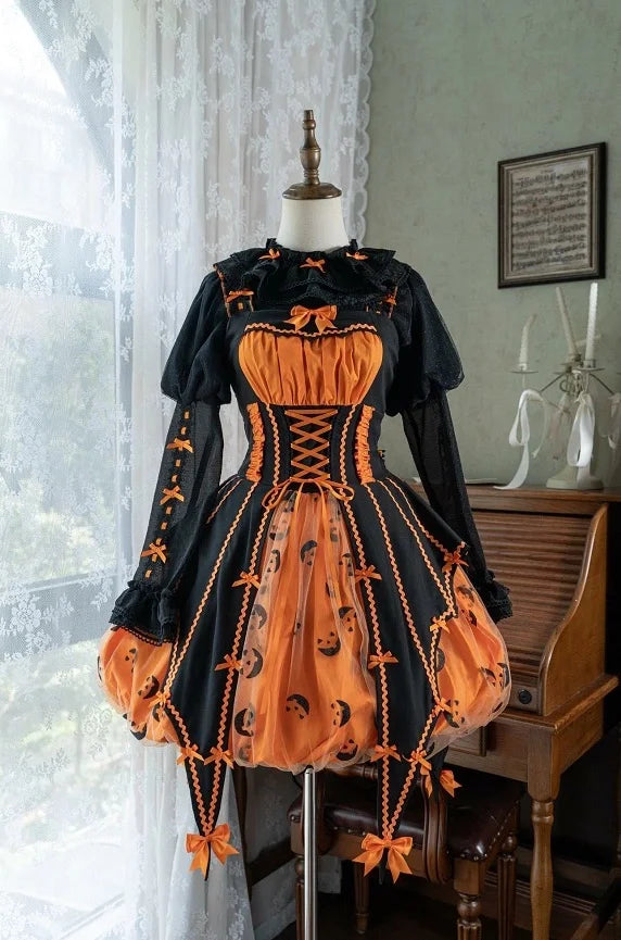 Jack-O-Lantern Sweet Halloween Costume Orange Lolita Dress Witch Hat Girl Long Sleeves Dress