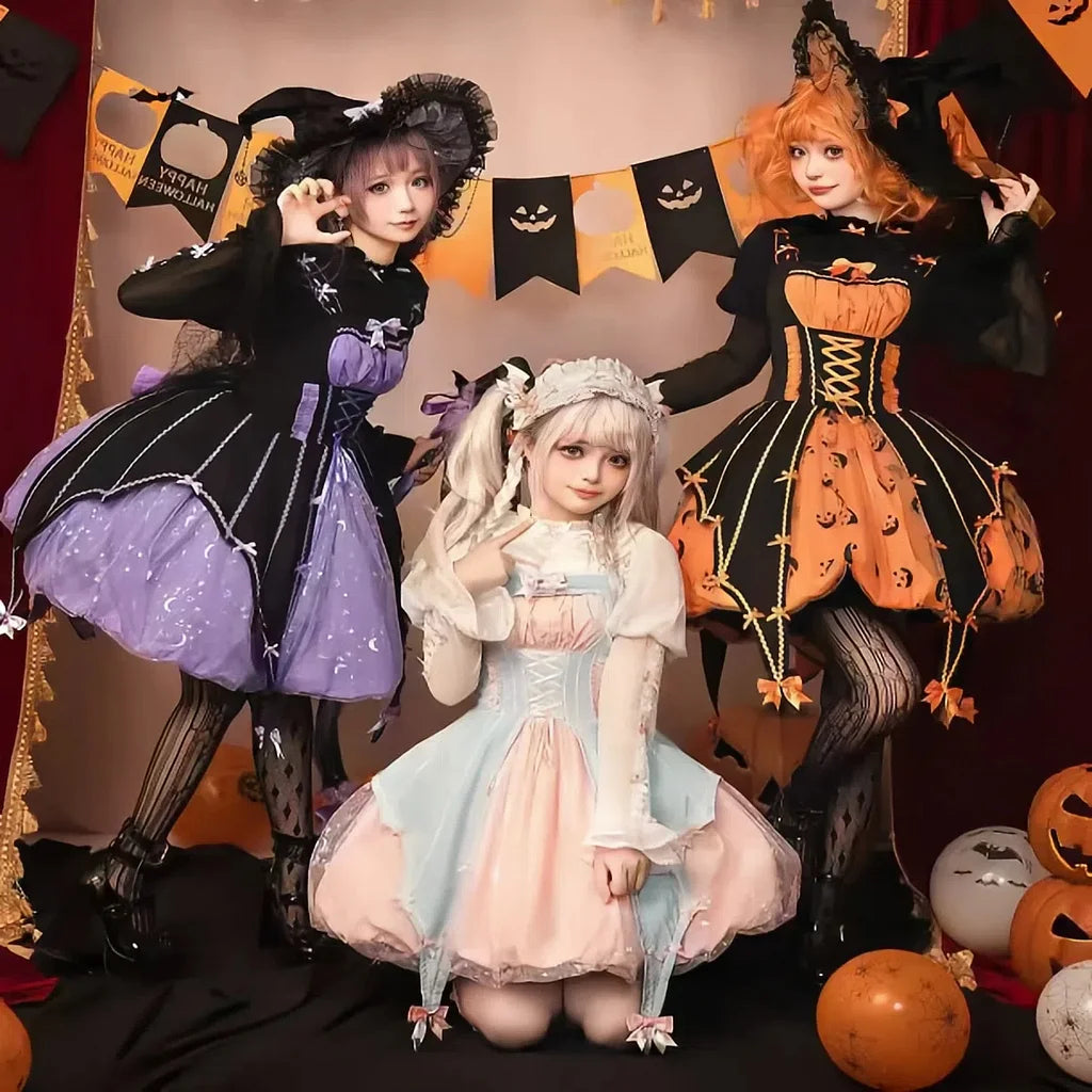 Gothic Lolita Jack-O-Lantern Sweet Halloween Costume Pink Blue Witch Long Sleeves Dress