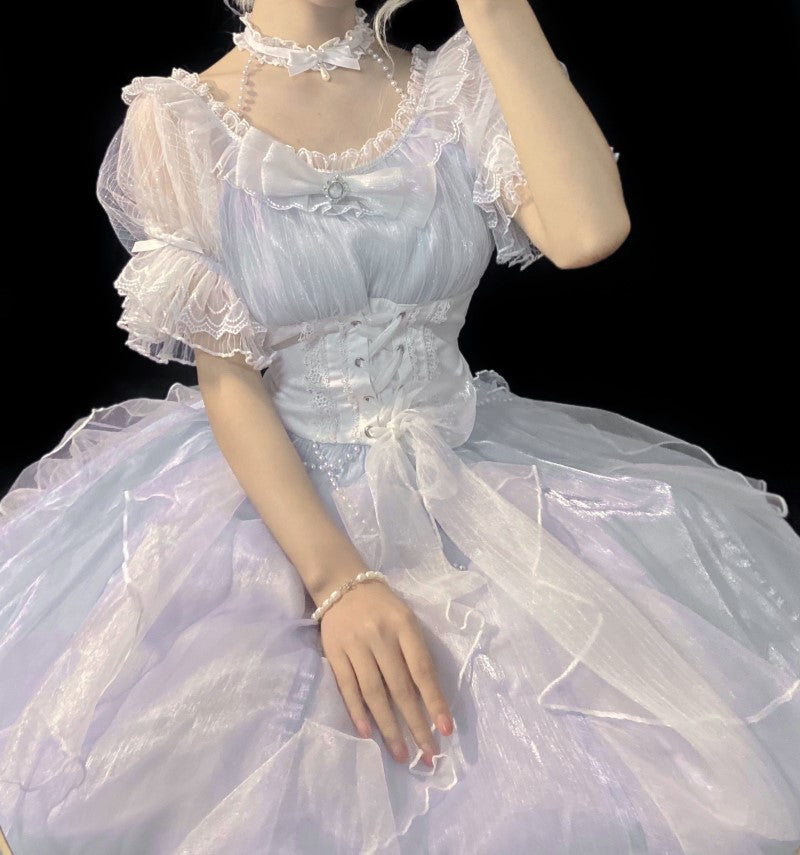 Hime Lolita Light Blue Lace Fluffy Dress Flower Wedding Summer