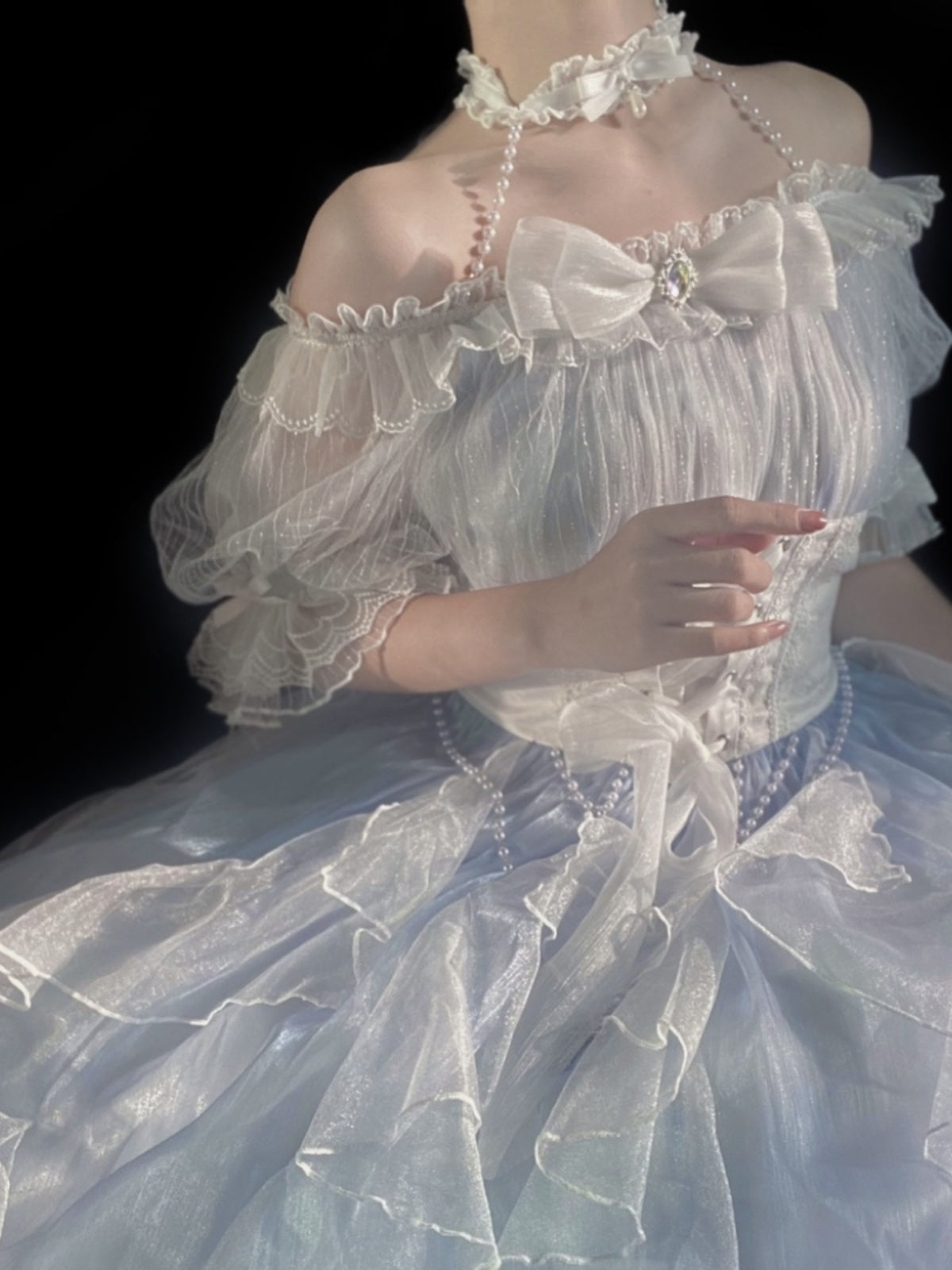 Hime Lolita Light Blue Lace Fluffy Dress Flower Wedding Summer