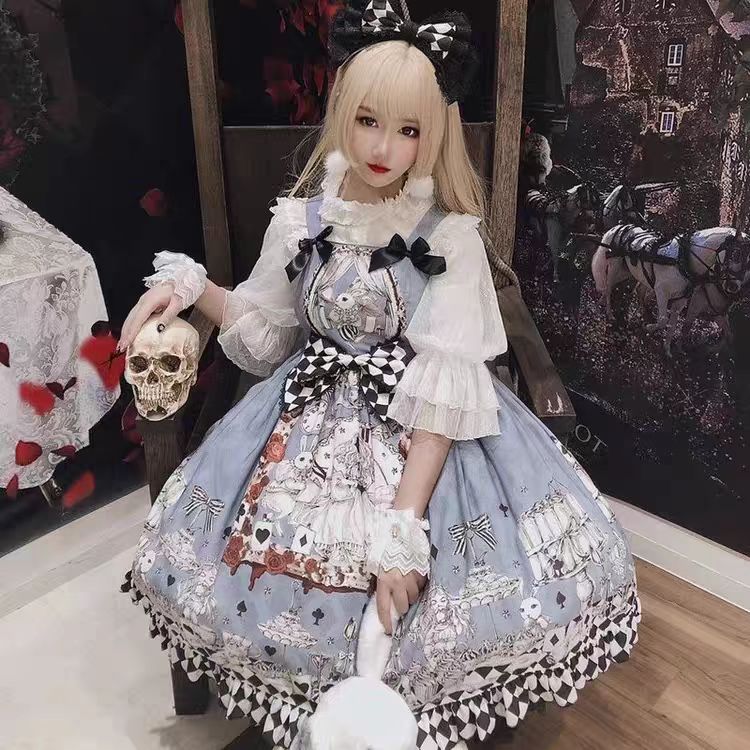 Sweet Lolita Light Blue Series Sleeveless Lolita Chiffon Printed Rabbit Dress