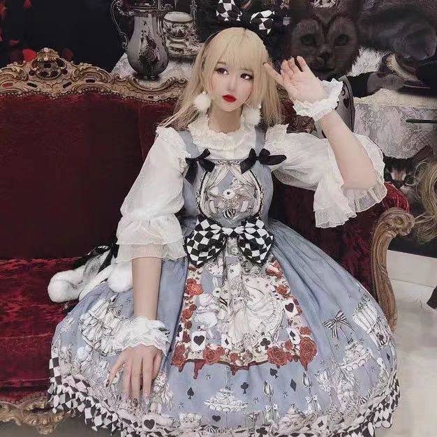 Sweet Lolita Light Blue Series Sleeveless Lolita Chiffon Printed Rabbit Dress