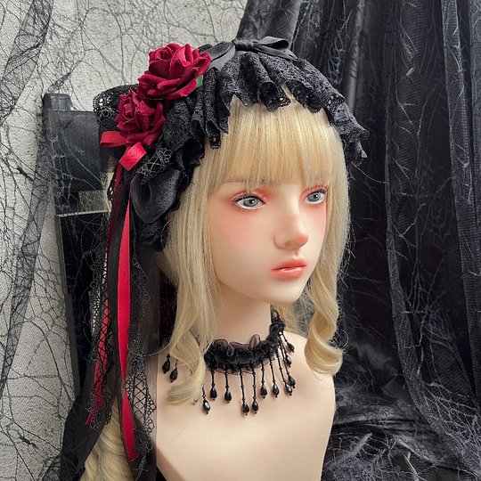 Lolita Accessories Burgundy Rose Black Hat Lace Gothic Dark Accessories Small Objects Hand Sleeves Hairpins Headwear and Accessories