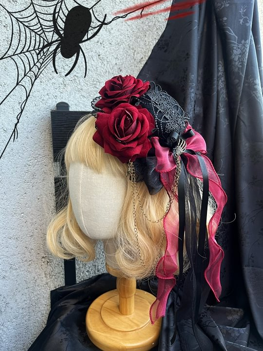 Lolita Accessories Burgundy Rose Black Hat Lace Gothic Dark Accessories Small Objects Hand Sleeves Hairpins Headwear and Accessories