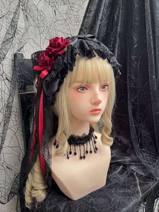 Lolita Accessories Burgundy Rose Black Hat Lace Gothic Dark Accessories Small Objects Hand Sleeves Hairpins Headwear and Accessories