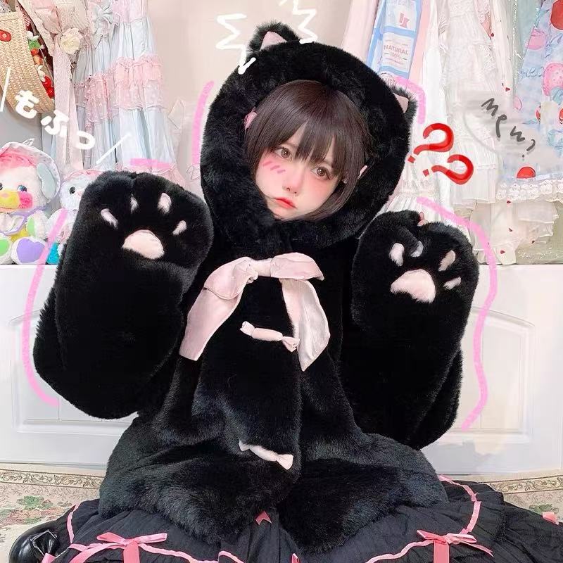 Lolita Coat Overcoat Beige Plush Cat Paw Quilted Soft Cute Autumn Winter Outfit