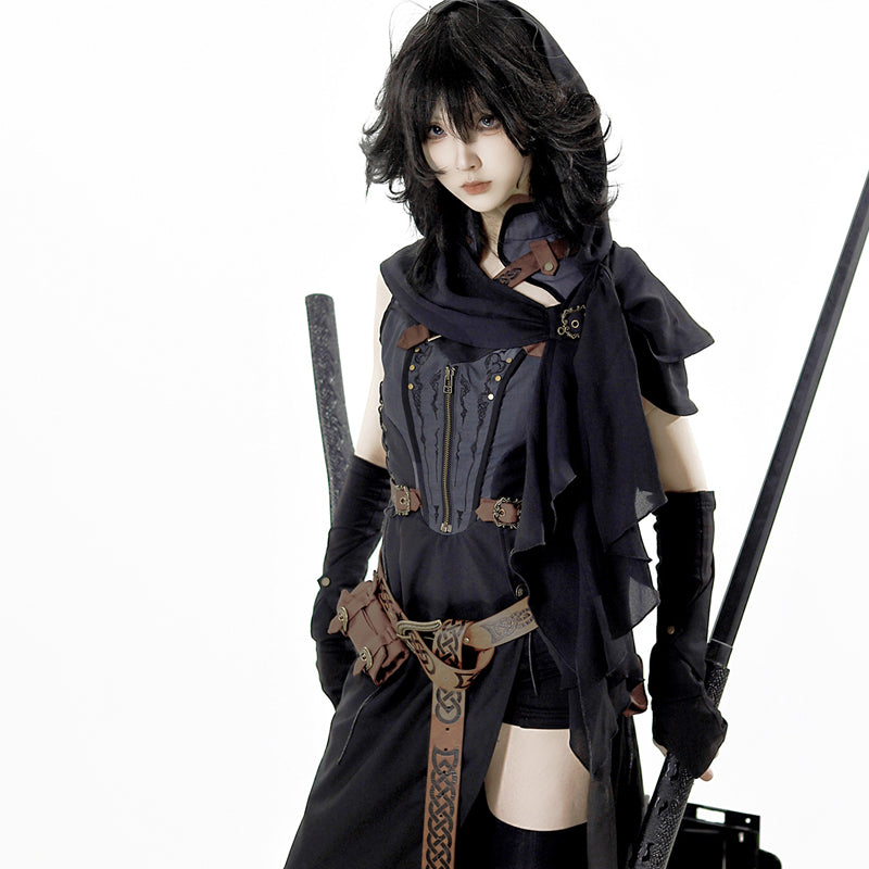 Ouji Fashion Lolita Original Goth Set Black Hooded Assassin Outfit Dress