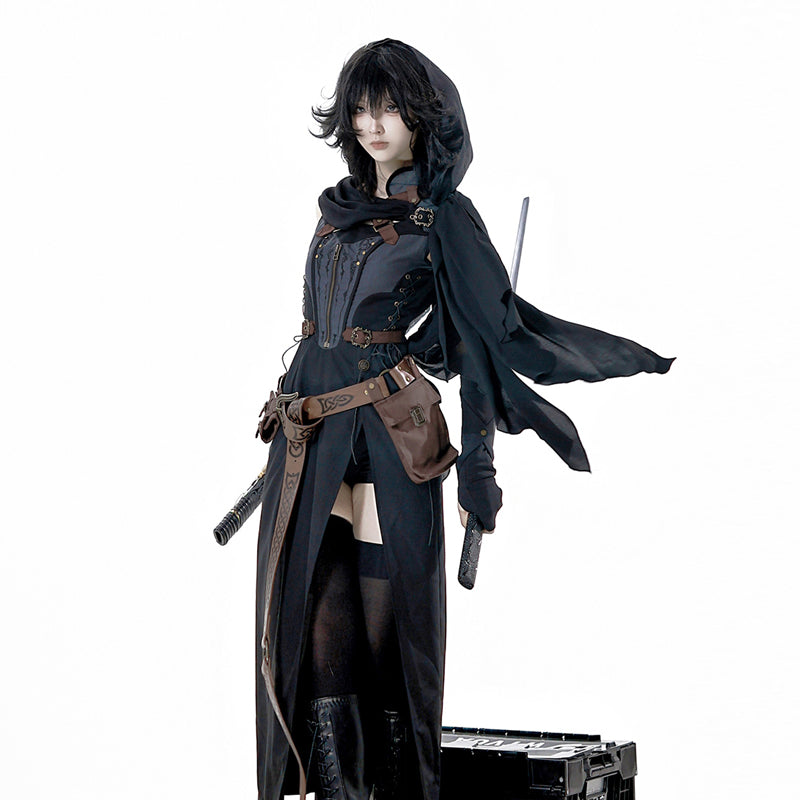 Ouji Fashion Lolita Original Goth Set Black Hooded Assassin Outfit Dress