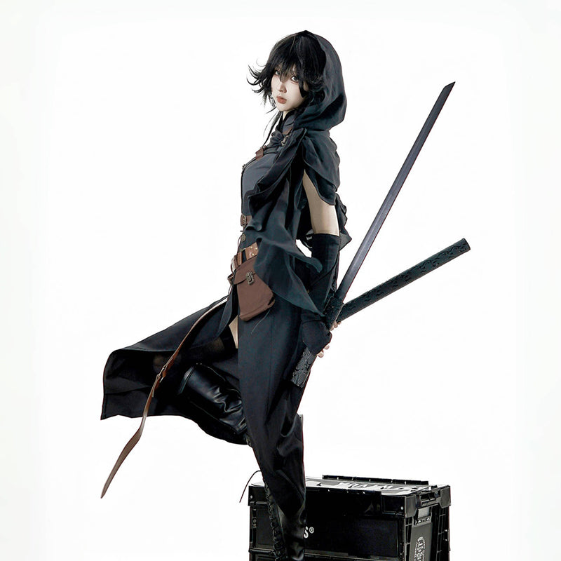 Ouji Fashion Lolita Original Goth Set Black Hooded Assassin Outfit Dress