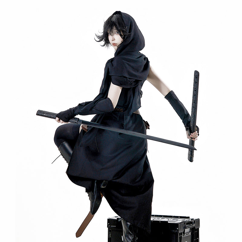 Ouji Fashion Lolita Original Goth Set Black Hooded Assassin Outfit Dress