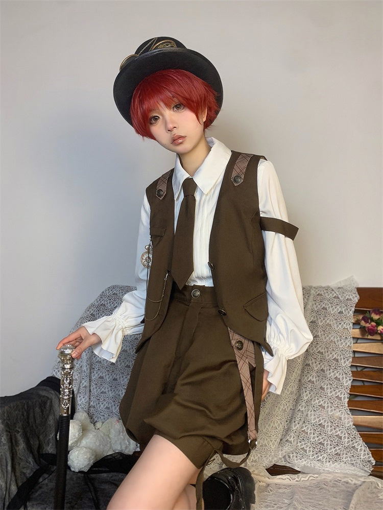 Ouji Fashion Lolita Shirt Vest Overalls Prince Dress Spring Summer Set TOP Blouse