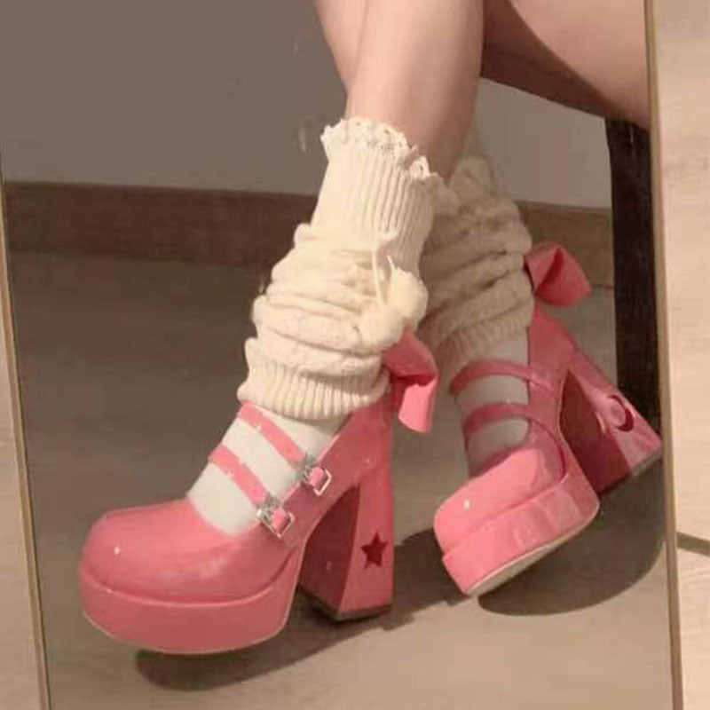 Lolita Shoes Pink White Chubby Heels Sneakers Sweet Cool Goth Punk Student Lolita Daily Party