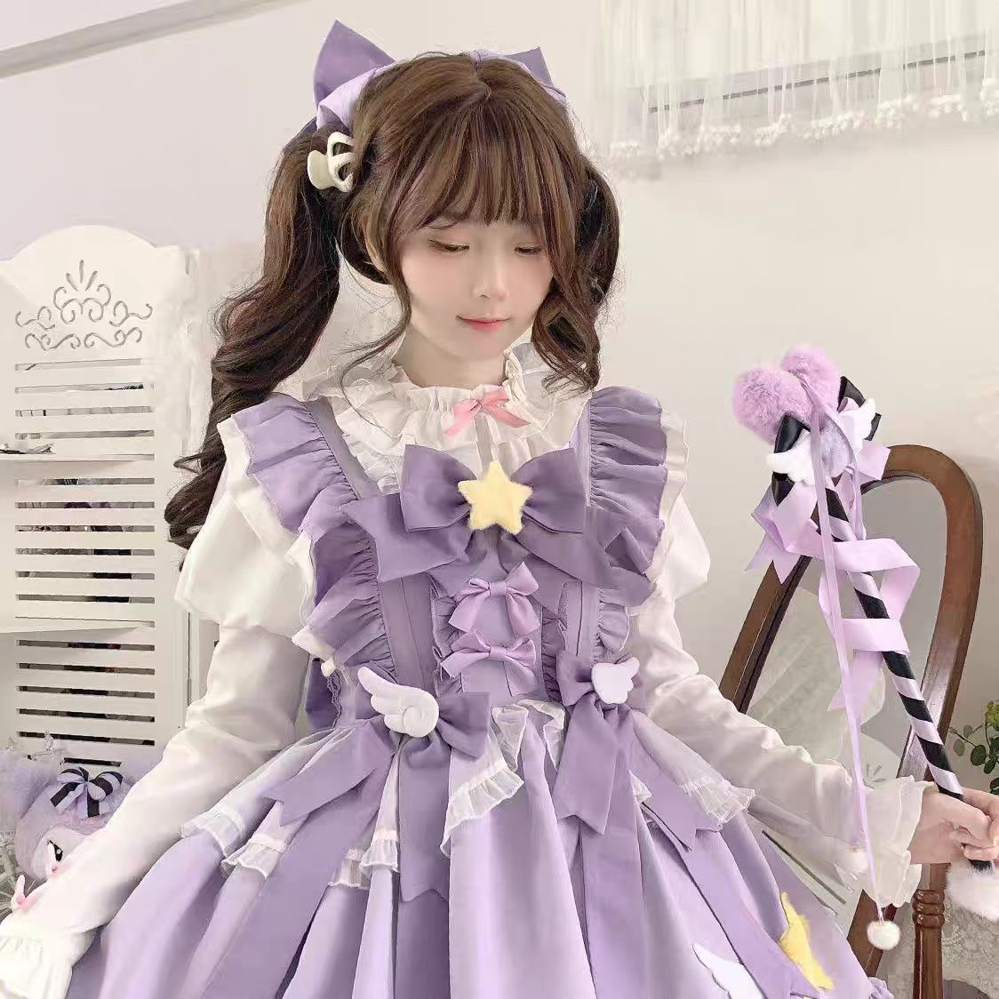 Sweet Lolita Purple with Magic Stars Bow Doll Ruffles Kawaii Cake Outfit  Dress