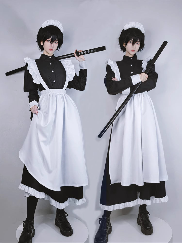 Maid Outfit Plus Size 3XL Monochrome Frilled White Black Long Apro