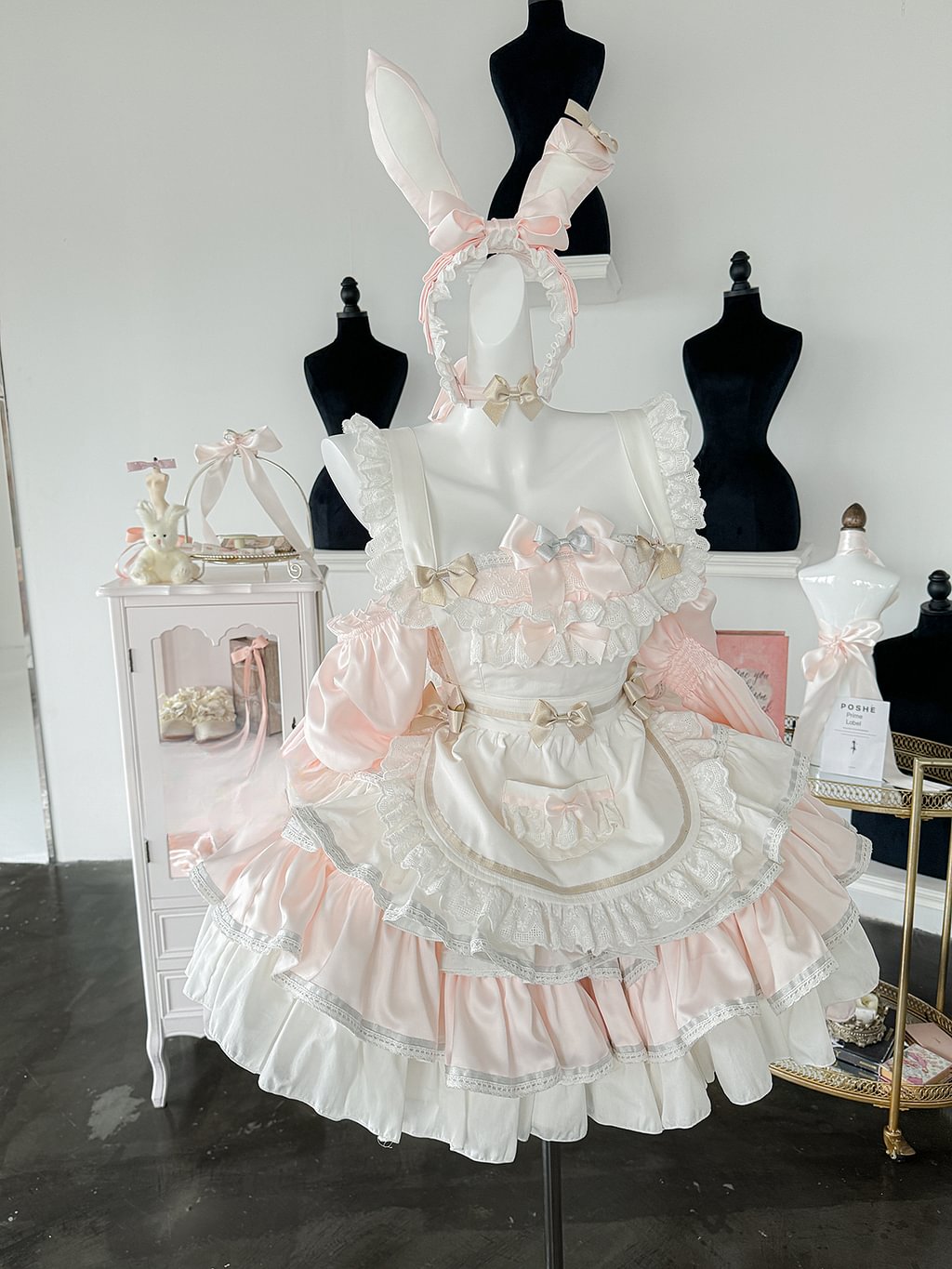 Maid Outfit Sweet Lolita Light Pink Sweet Lolita Maid Dress with Bunny Ears Headpiece